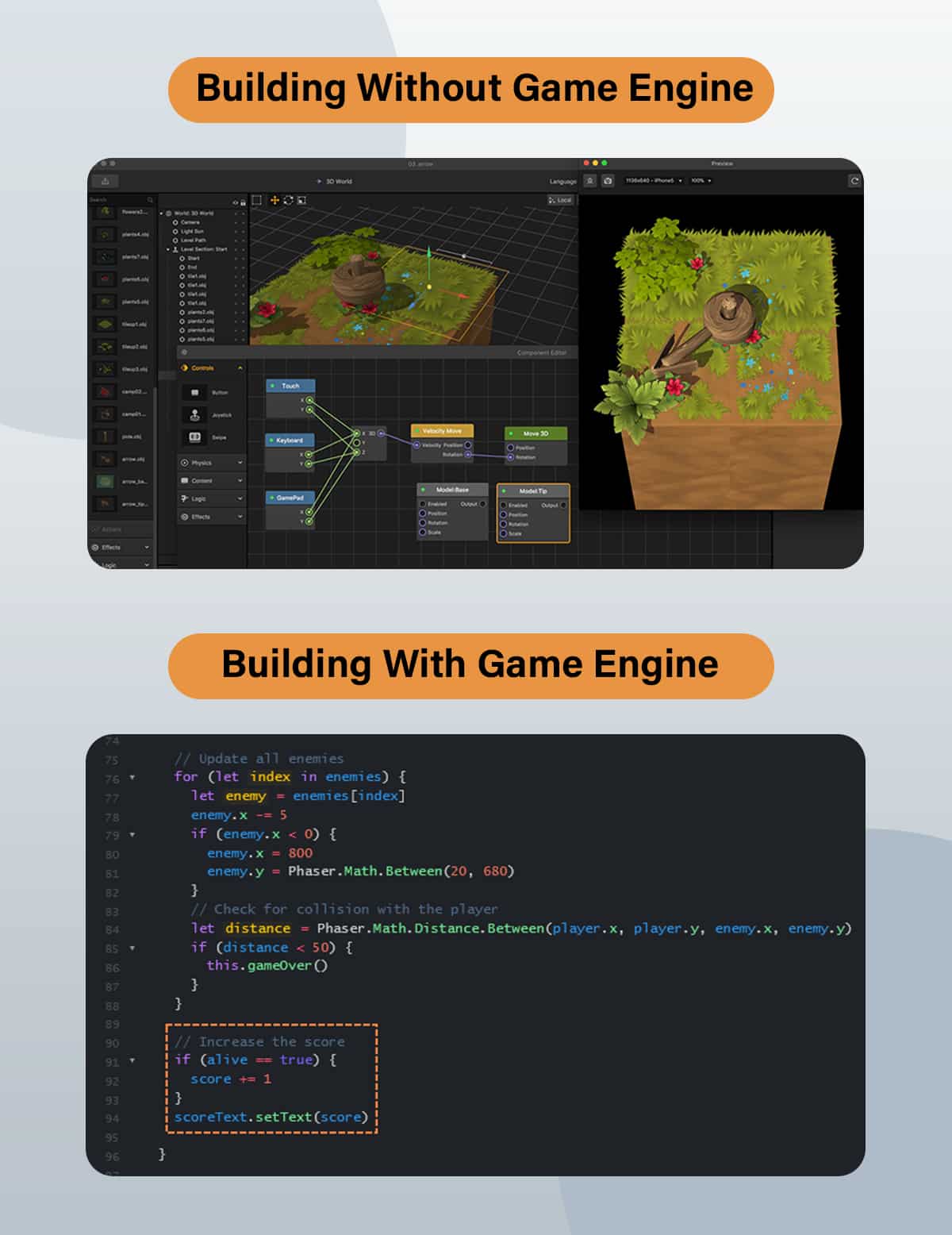 building without and with game engine